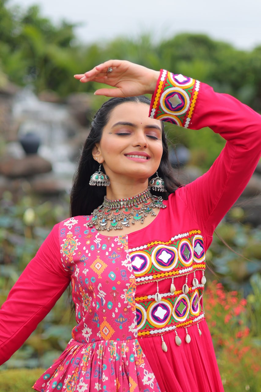 Ethnic Wine Navratri Gown with Peplum Top & Mirror Work