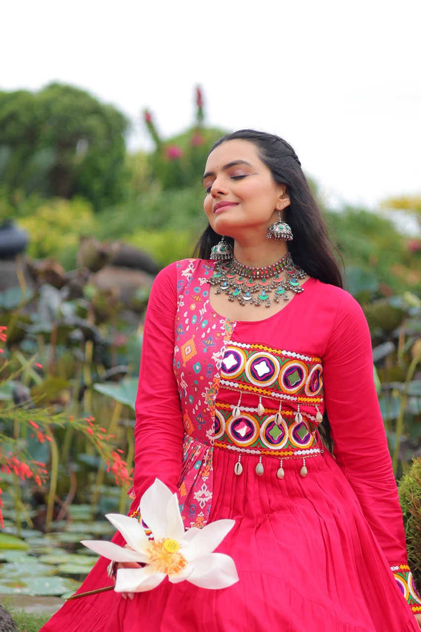 Ethnic Wine Navratri Gown with Peplum Top & Mirror Work