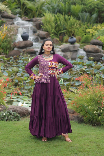 Ethnic Wine Navratri Gown with Peplum Top & Mirror Work