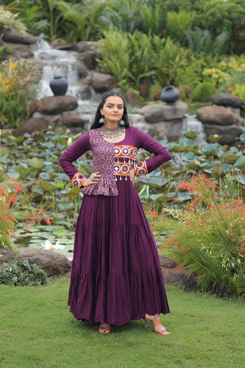 Ethnic Wine Navratri Gown with Peplum Top & Mirror Work