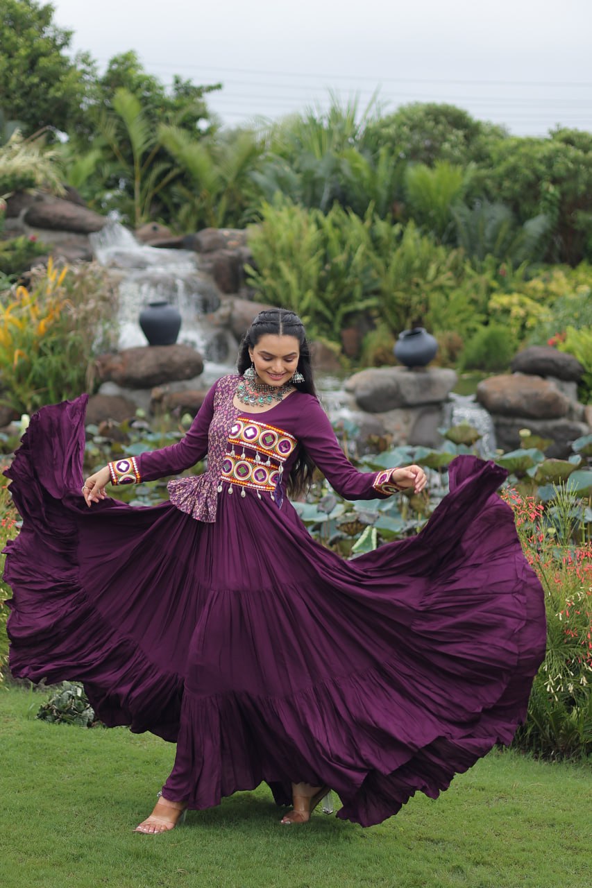 Ethnic Wine Navratri Gown with Peplum Top & Mirror Work