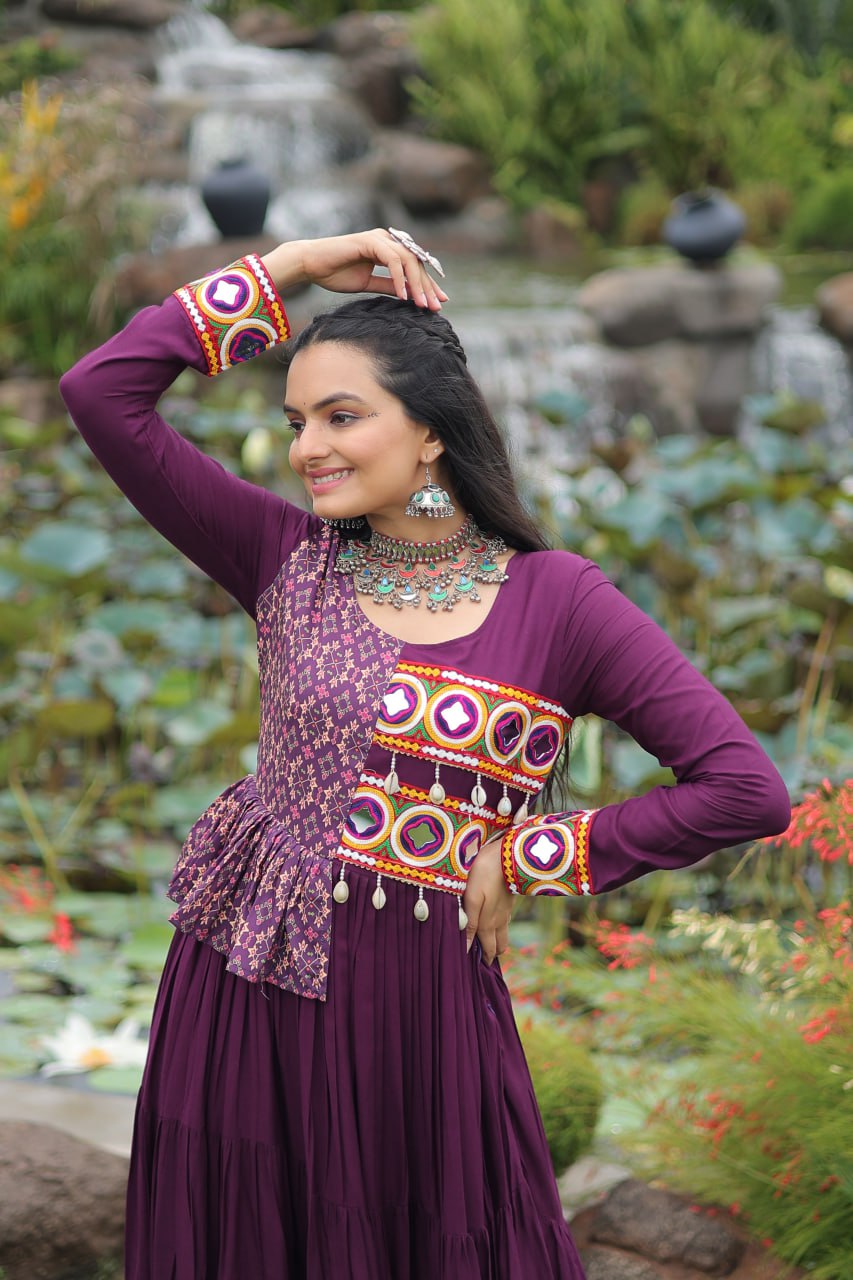 Ethnic Wine Navratri Gown with Peplum Top & Mirror Work