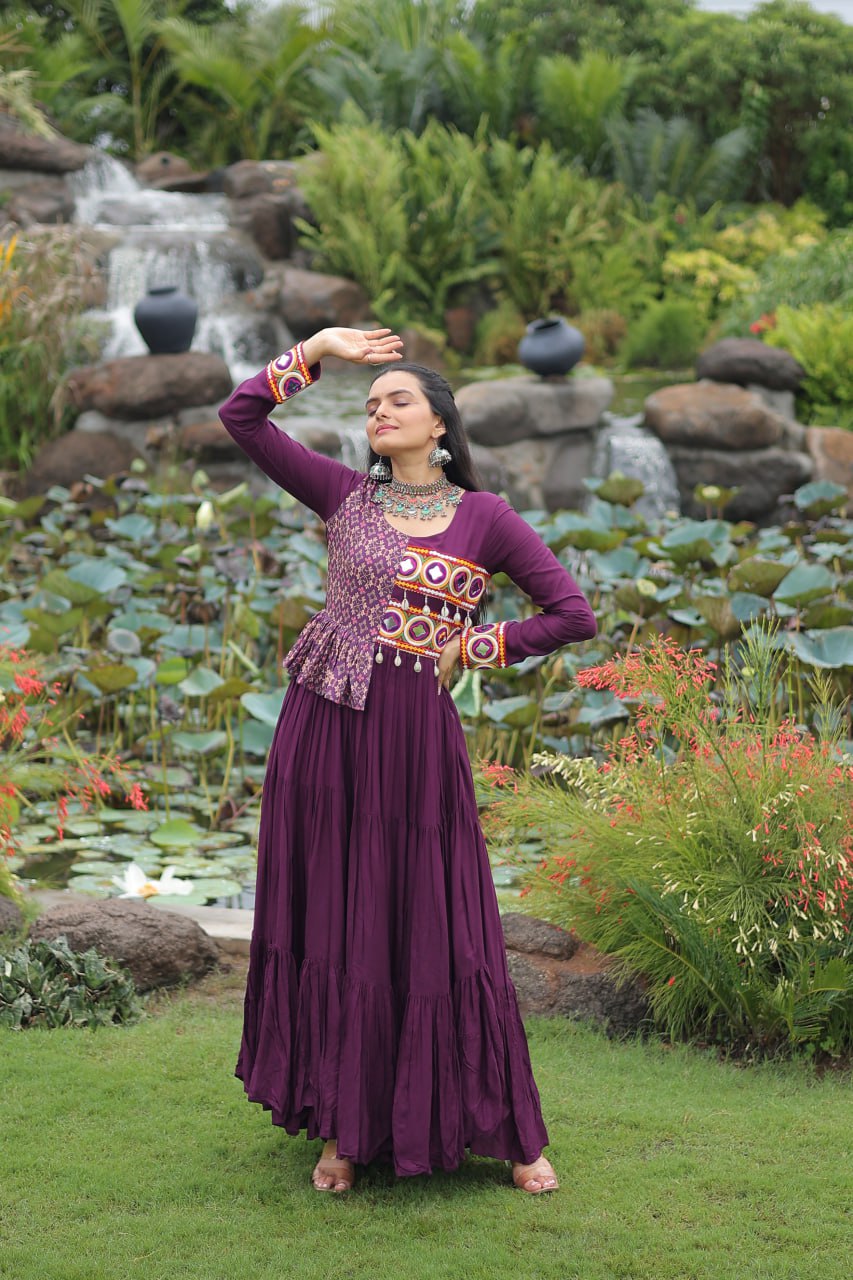 Ethnic Wine Navratri Gown with Peplum Top & Mirror Work