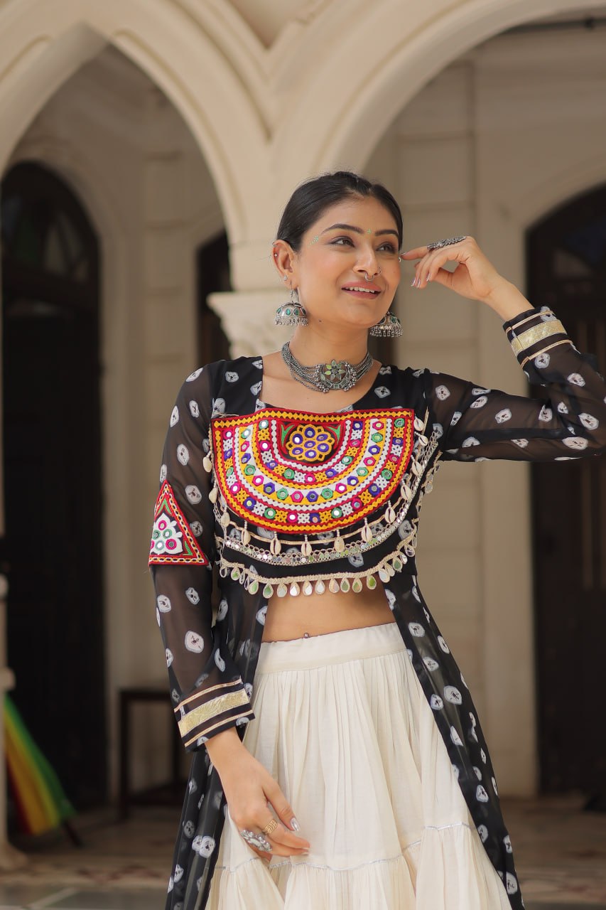 Green Bandhani Print Front-Open Shrug Gown with Kutchi Patchework Lehenga