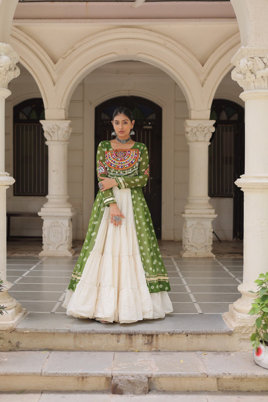 Green Bandhani Print Front-Open Shrug Gown with Kutchi Patchework Lehenga