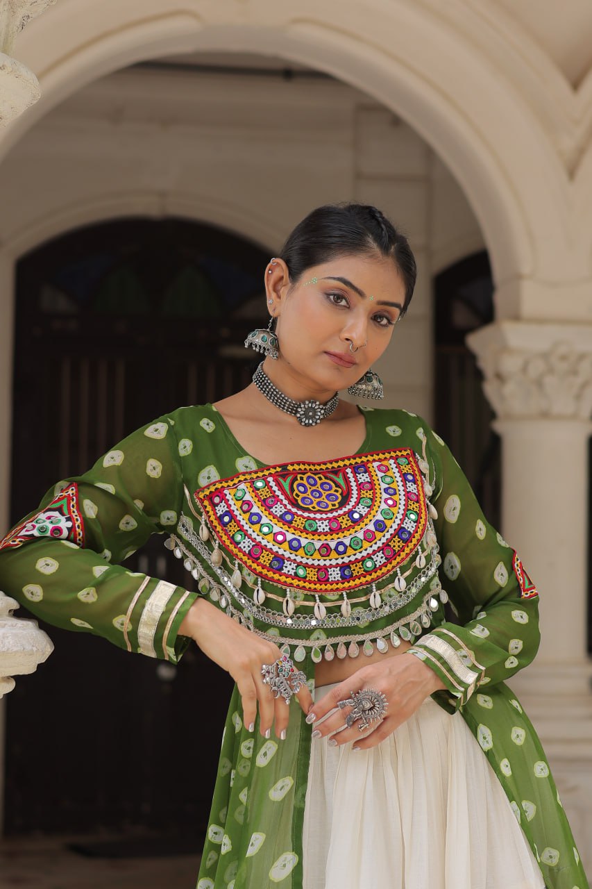 Green Bandhani Print Front-Open Shrug Gown with Kutchi Patchework Lehenga