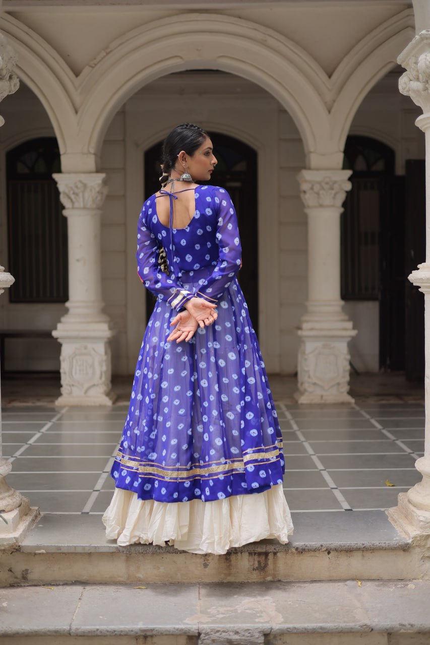 Green Bandhani Print Front-Open Shrug Gown with Kutchi Patchework Lehenga