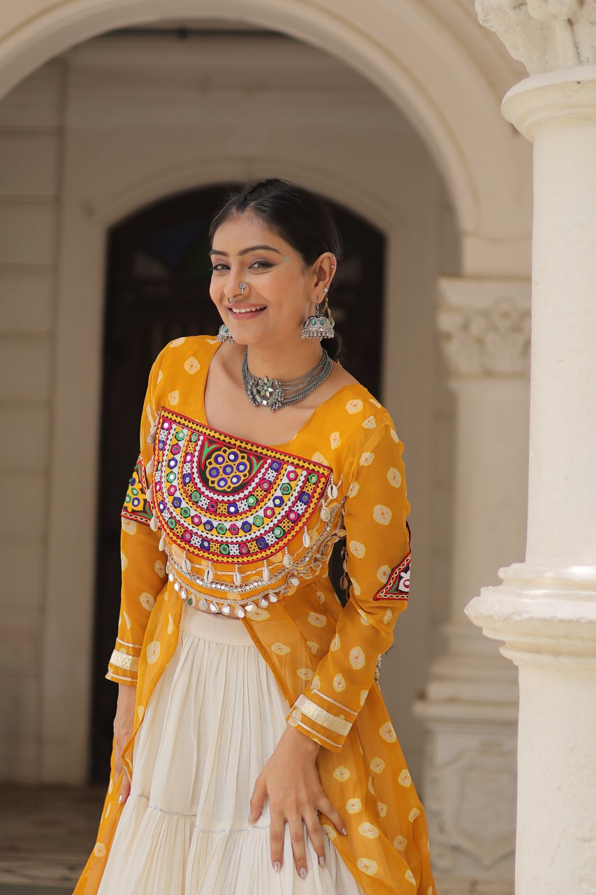 Green Bandhani Print Front-Open Shrug Gown with Kutchi Patchework Lehenga