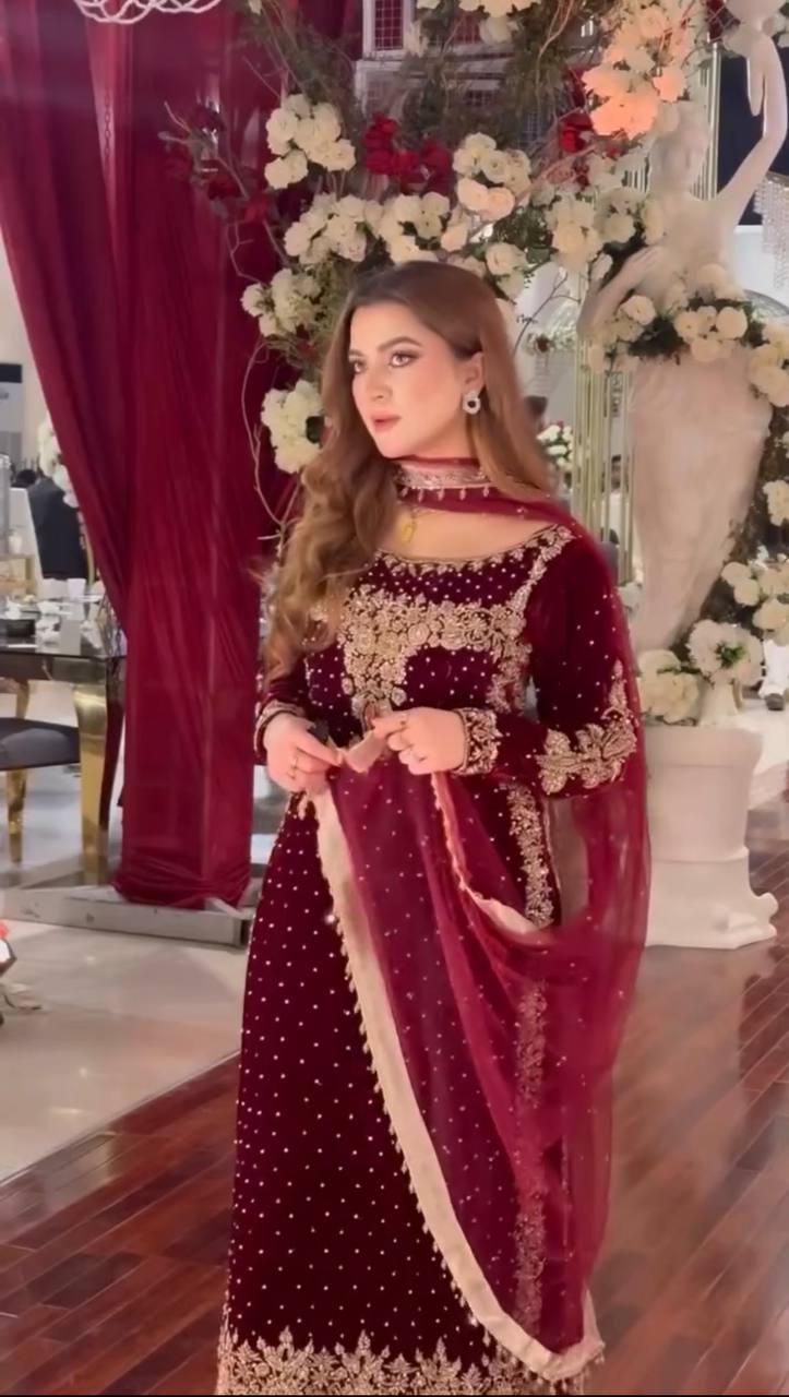 Luxury Maroon Velvet Embroidered Suit Set with Dupatta Festive & Wedding Wear