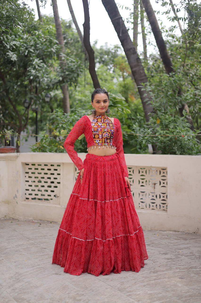 Vibrant Red Navratri Lehenga with Gamthi Embroidery Blouse