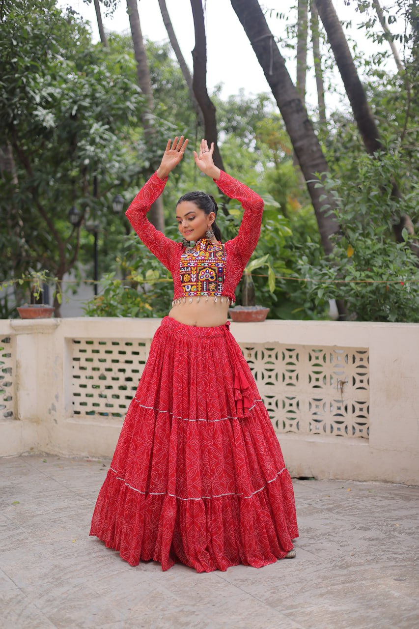 Vibrant Red Navratri Lehenga with Gamthi Embroidery Blouse