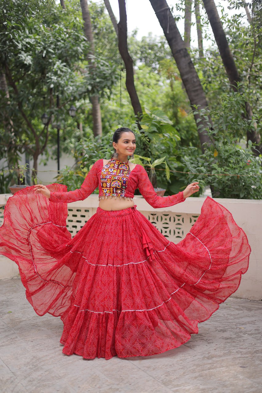 Vibrant Red Navratri Lehenga with Gamthi Embroidery Blouse