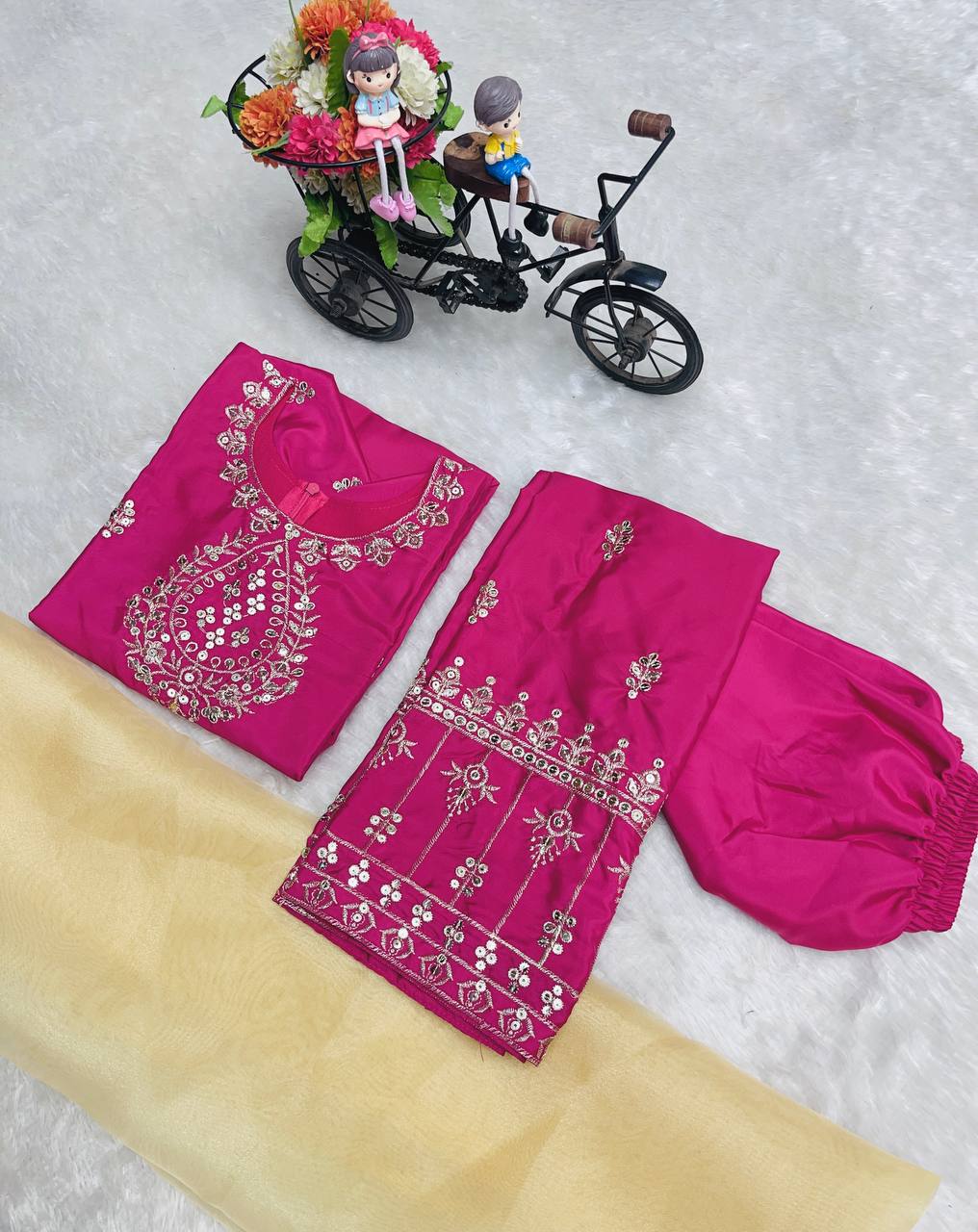 Rich magenta color with golden embroidery Sequence Work kids wear