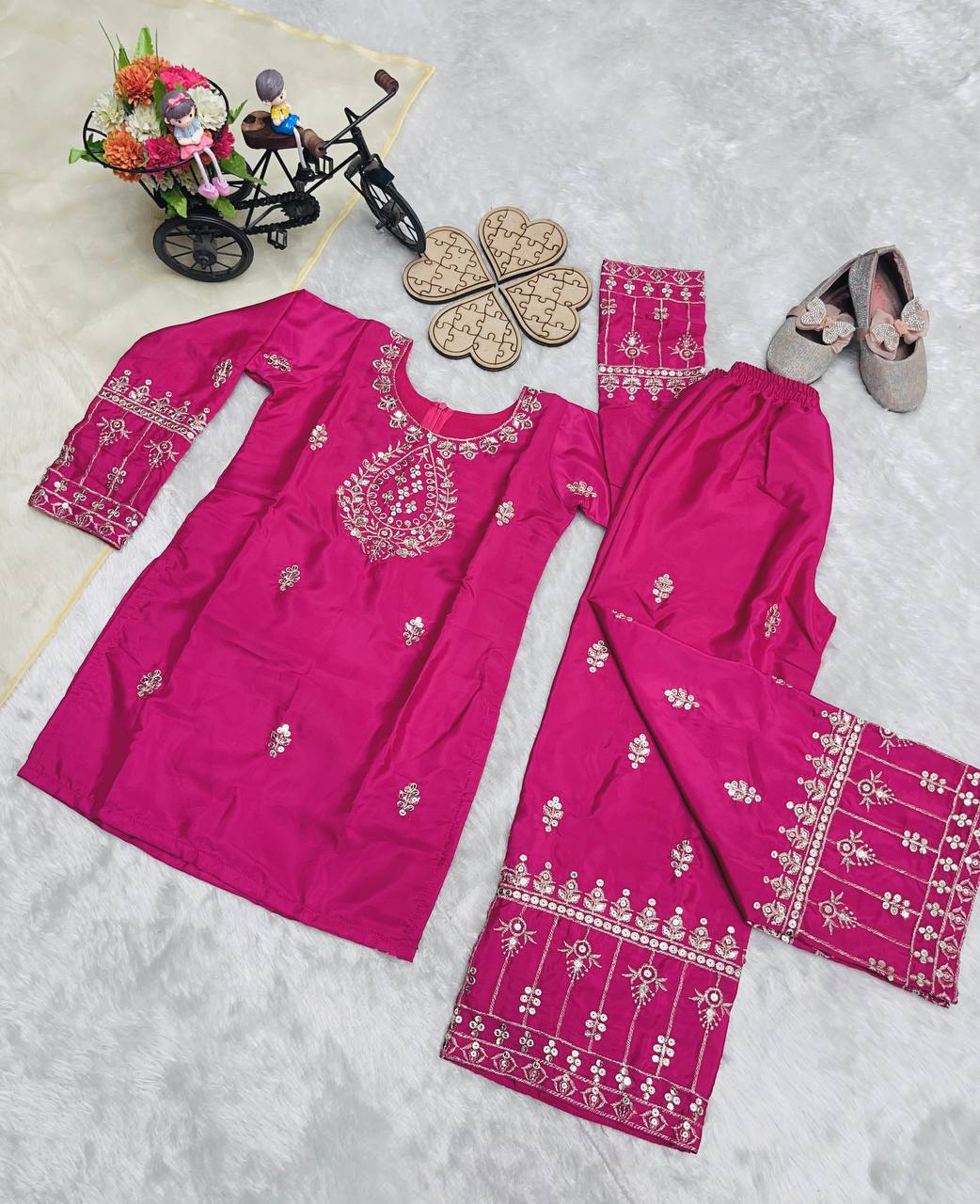 Rich magenta color with golden embroidery Sequence Work kids wear