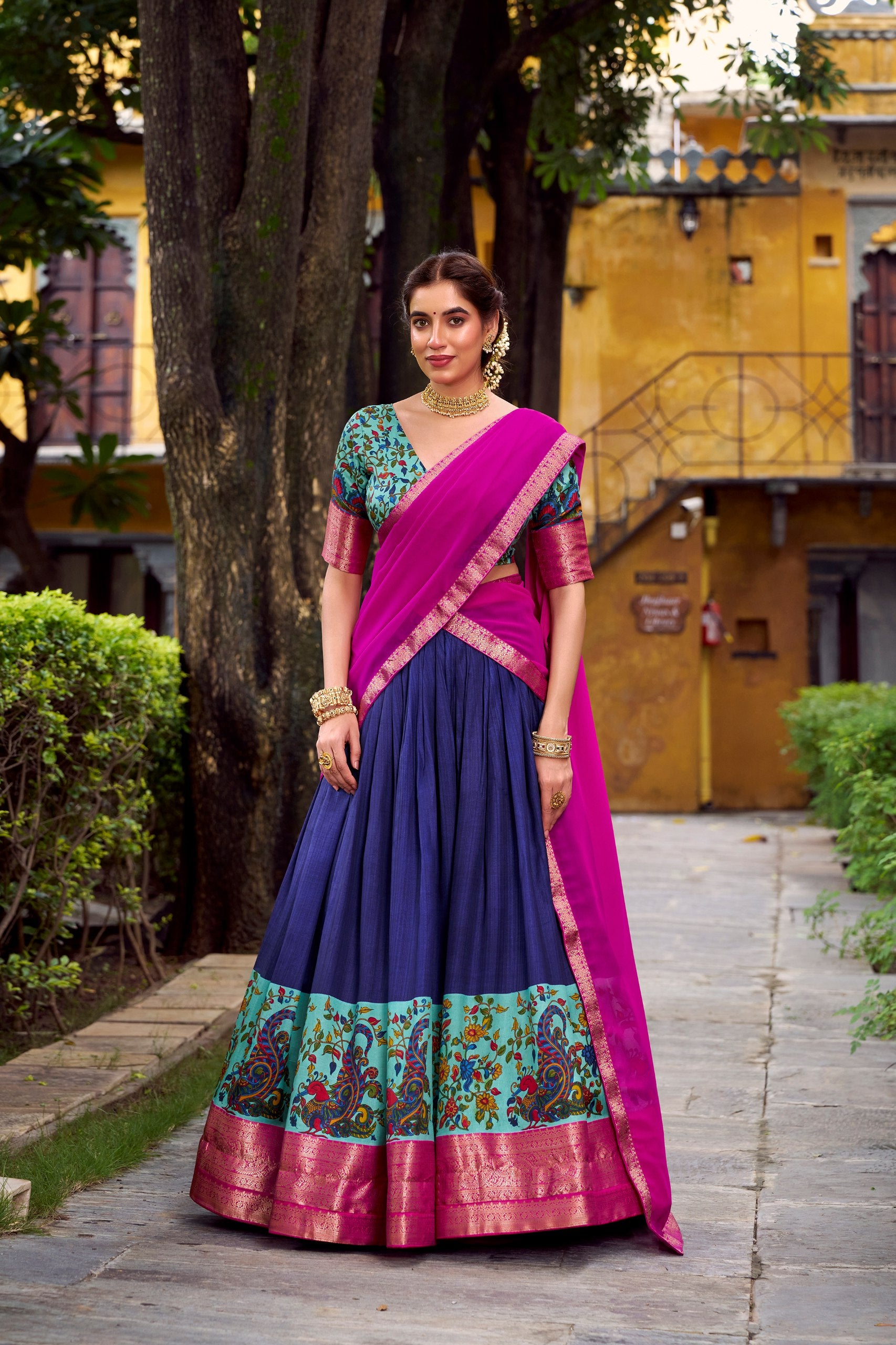 Elegant Mustard Dupatta & Pink Lehenga Set with Embroidered Blouse