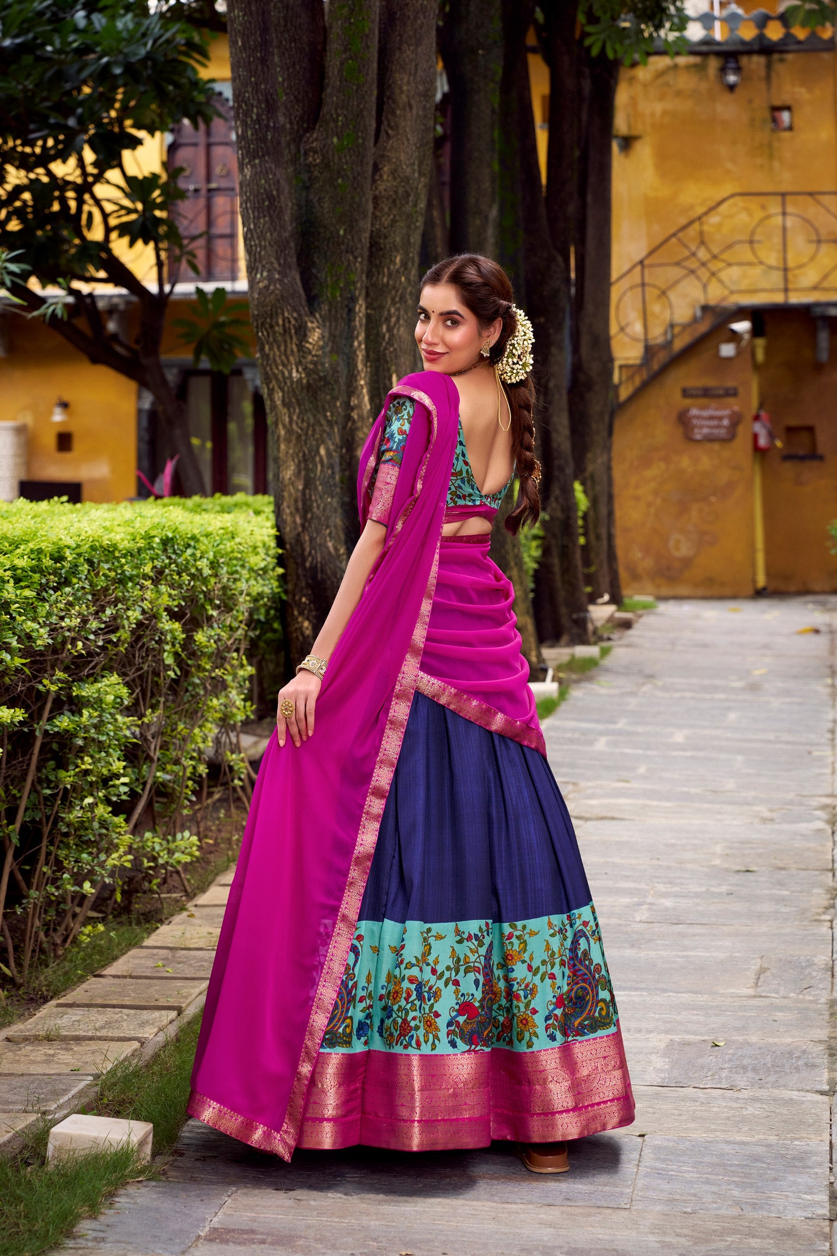Elegant Mustard Dupatta & Pink Lehenga Set with Embroidered Blouse