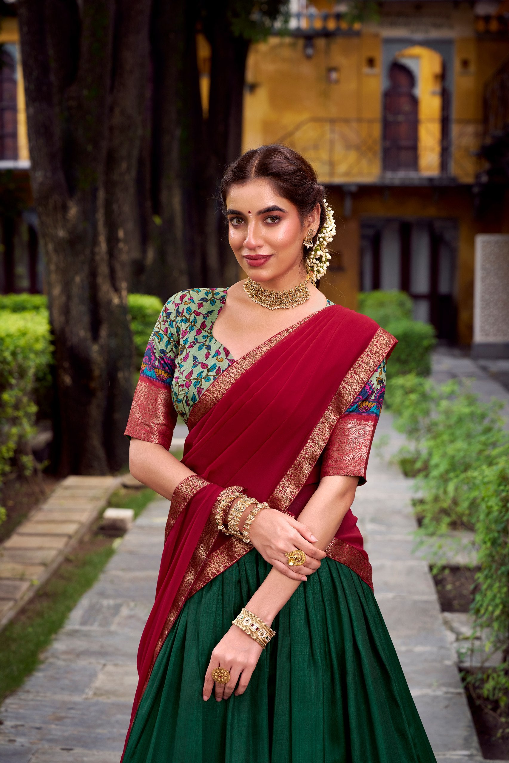 Elegant Mustard Dupatta & Pink Lehenga Set with Embroidered Blouse