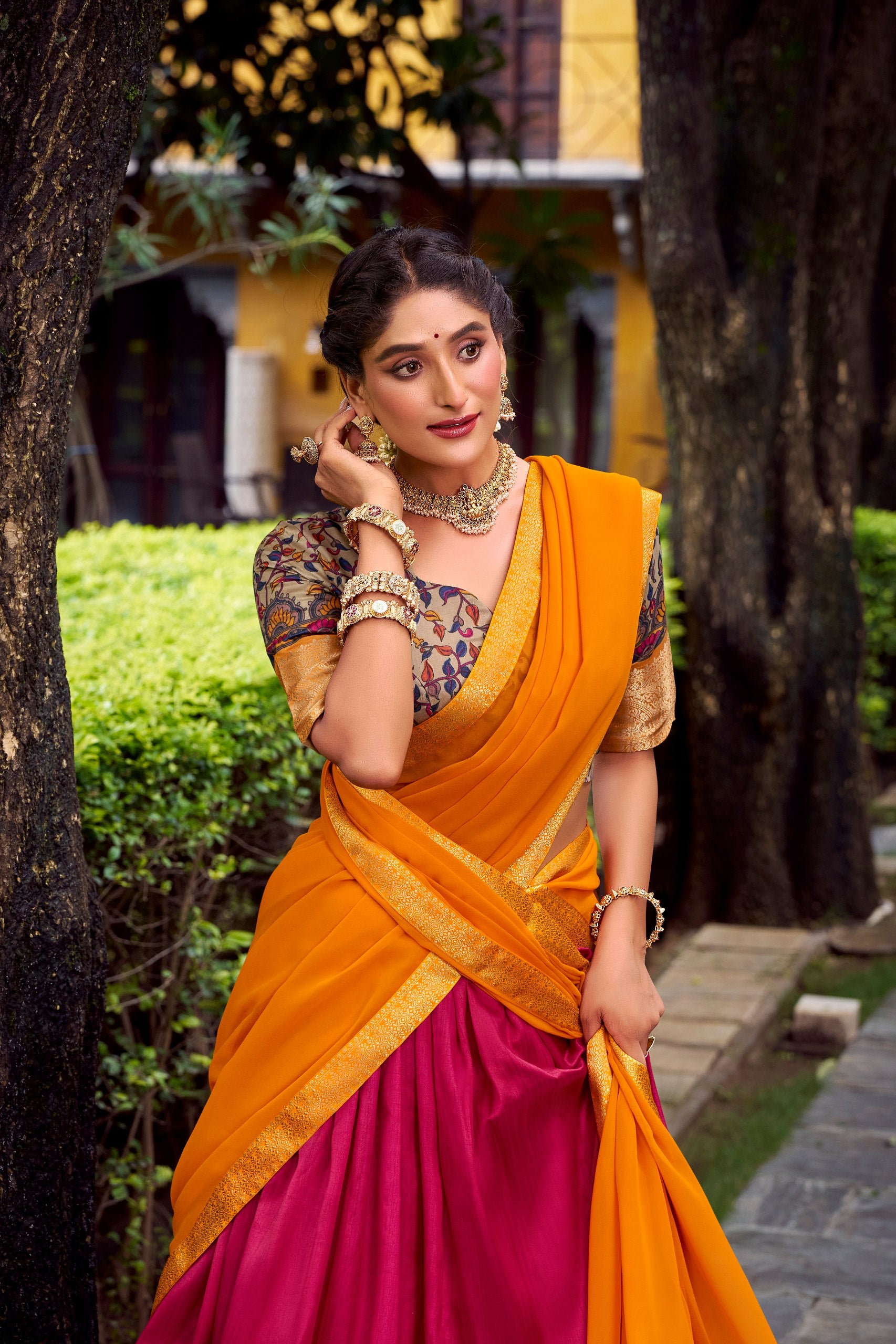 Elegant Mustard Dupatta & Pink Lehenga Set with Embroidered Blouse