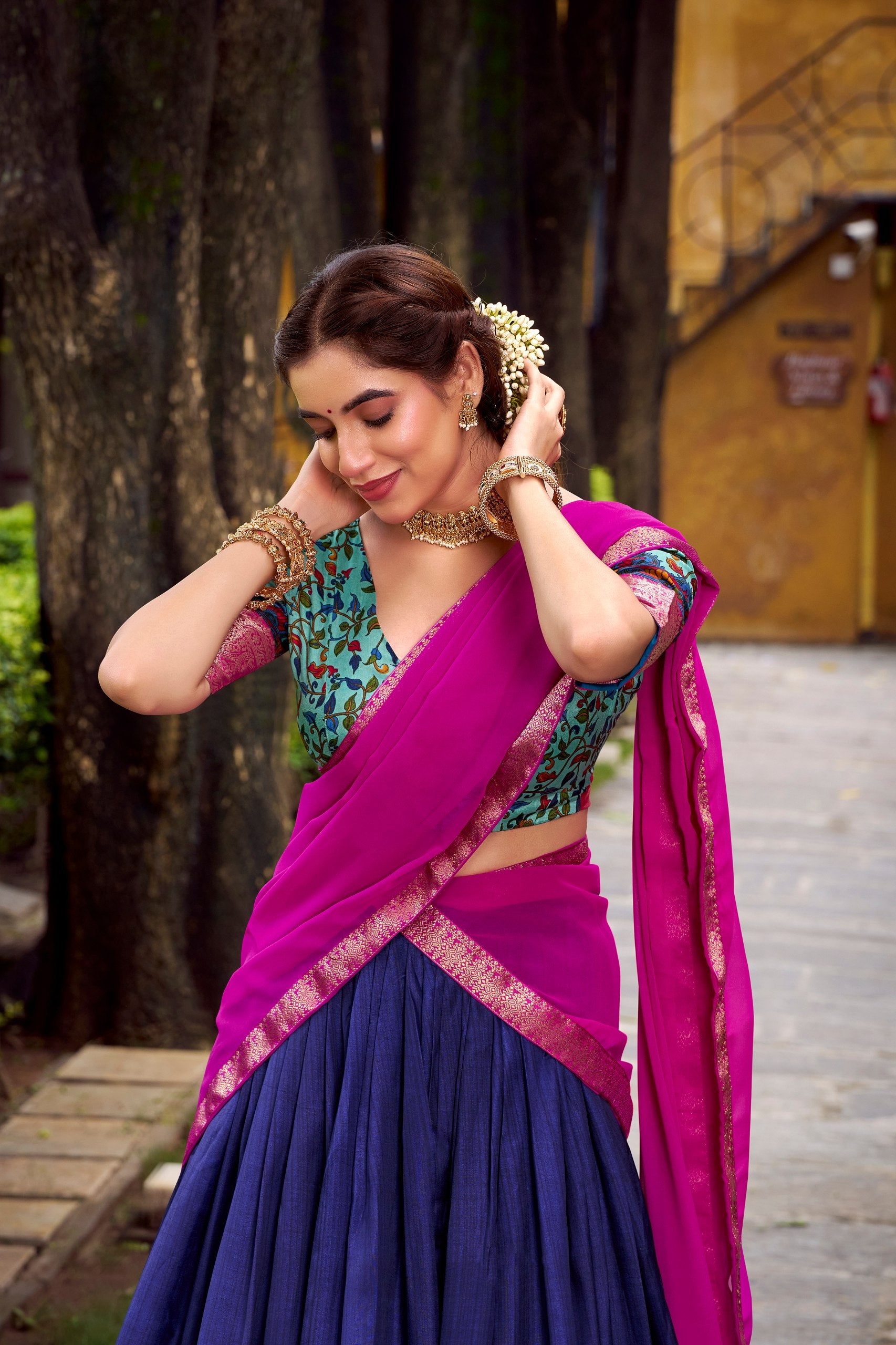 Elegant Mustard Dupatta & Pink Lehenga Set with Embroidered Blouse