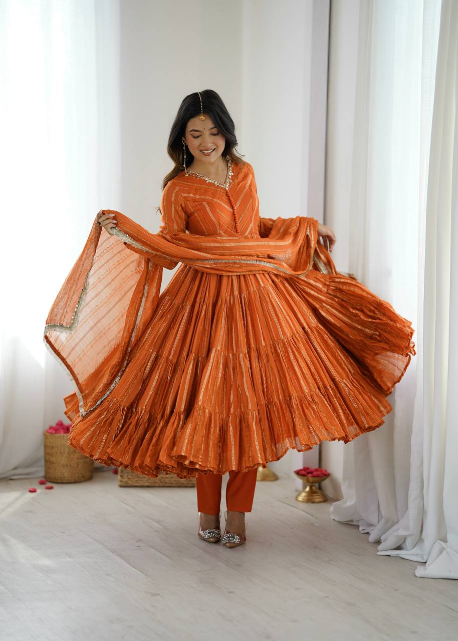 Designer Rust Orange Silk Blend Anarkali Set For Festive Wear