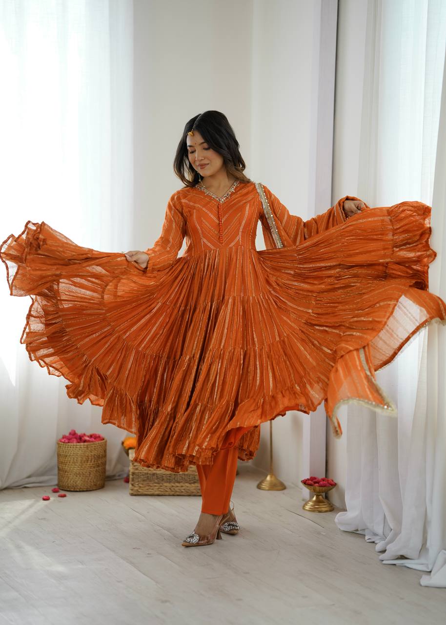 Designer Rust Orange Silk Blend Anarkali Set For Festive Wear