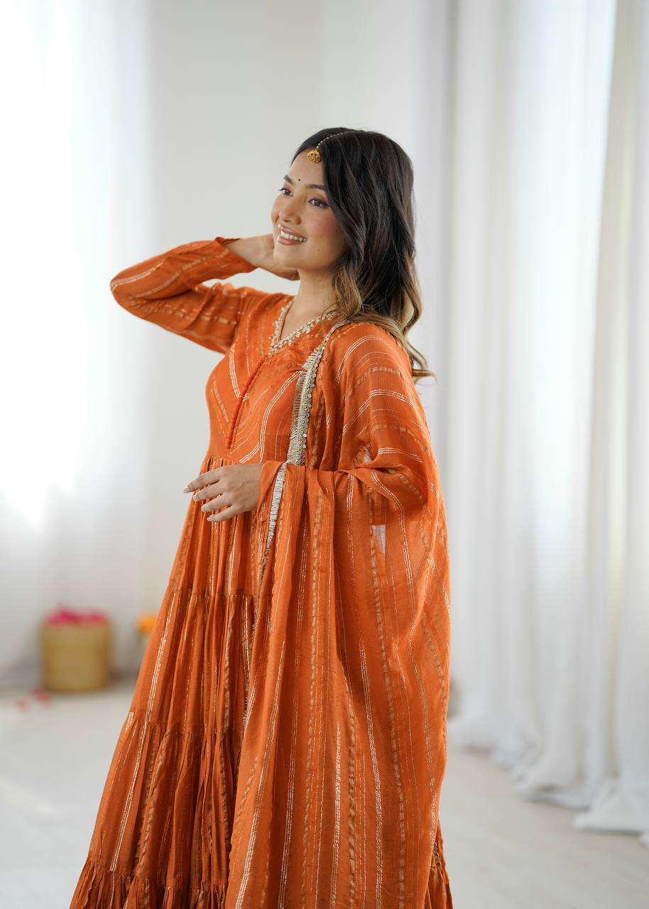 Designer Rust Orange Silk Blend Anarkali Set For Festive Wear