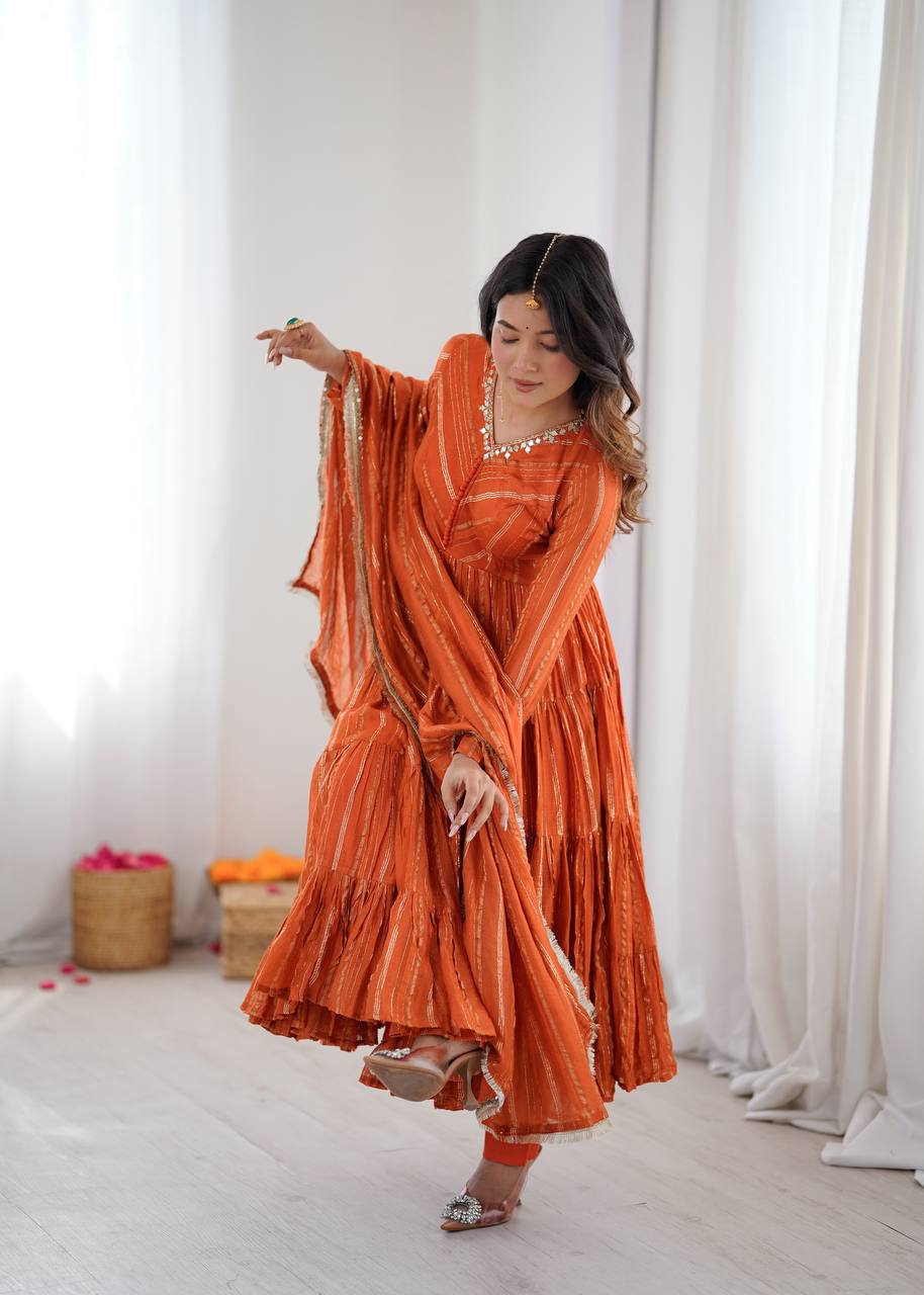 Designer Rust Orange Silk Blend Anarkali Set For Festive Wear
