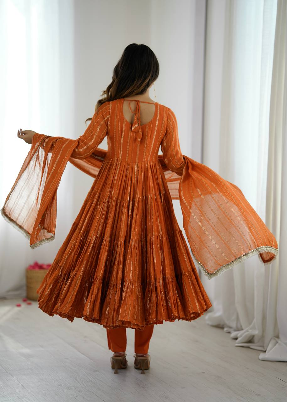Designer Rust Orange Silk Blend Anarkali Set For Festive Wear
