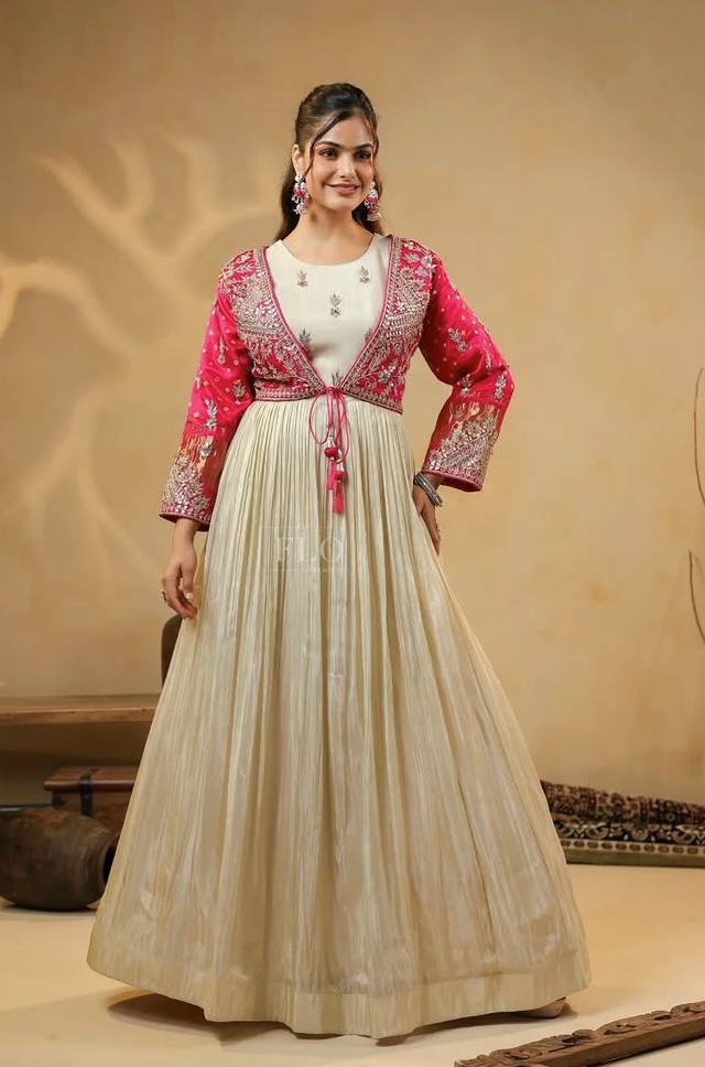 Festive Ivory & Rani Pink Anarkali Dress with Embroidered Jacket For Festive Wear