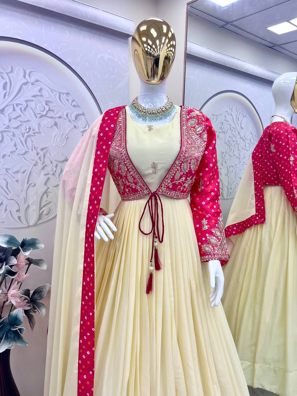 Festive Ivory & Rani Pink Anarkali Dress with Embroidered Jacket For Festive Wear