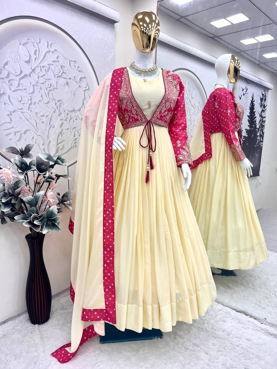 Festive Ivory & Rani Pink Anarkali Dress with Embroidered Jacket For Festive Wear