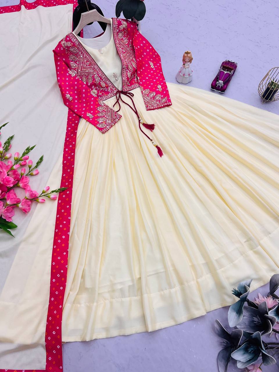 Festive Ivory & Rani Pink Anarkali Dress with Embroidered Jacket For Festive Wear