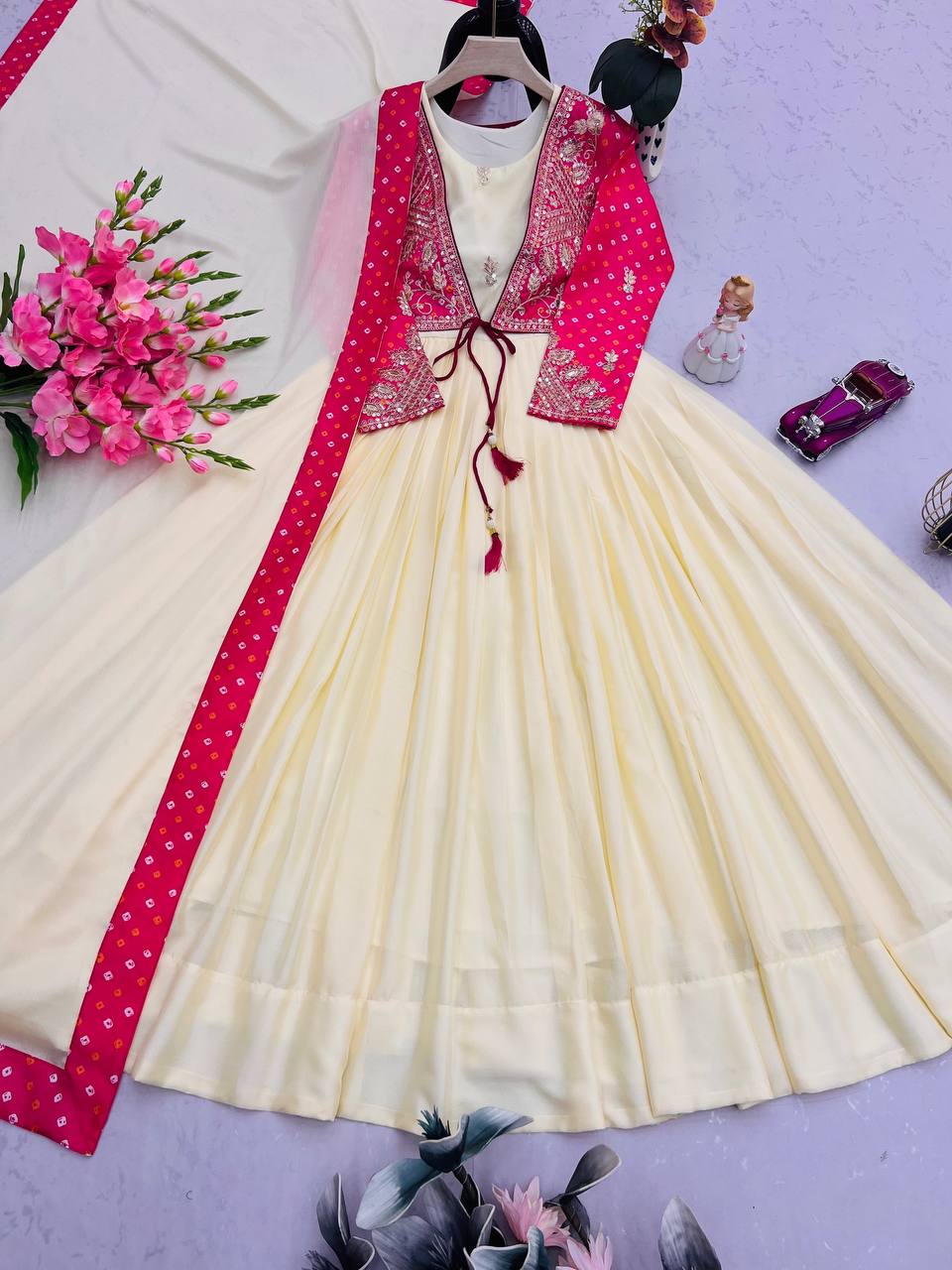 Festive Ivory & Rani Pink Anarkali Dress with Embroidered Jacket For Festive Wear