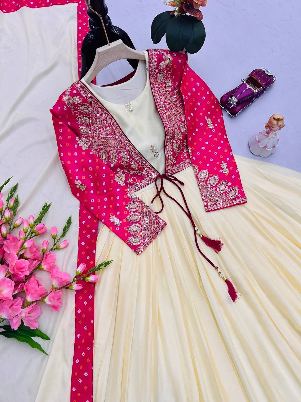 Festive Ivory & Rani Pink Anarkali Dress with Embroidered Jacket For Festive Wear