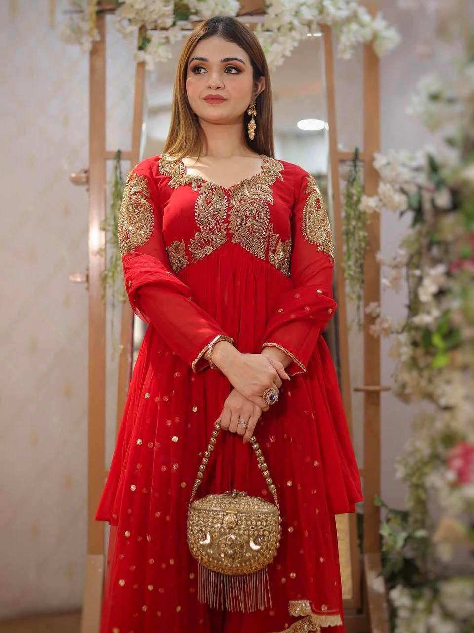 Royal Red Heavy Embroidered Sharara Suit For Festive Wear