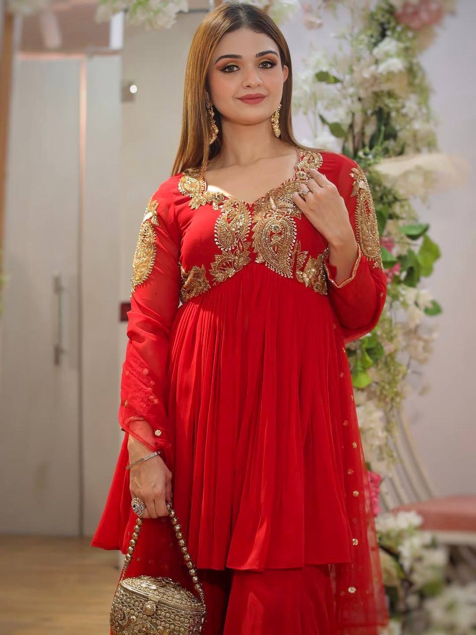 Royal Red Heavy Embroidered Sharara Suit For Festive Wear