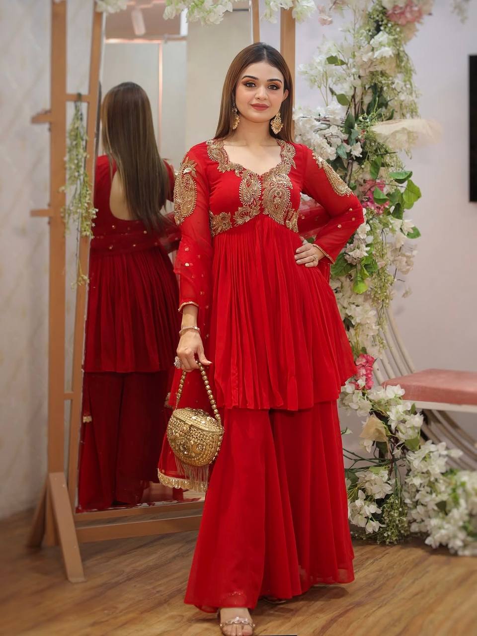 Royal Red Heavy Embroidered Sharara Suit For Festive Wear