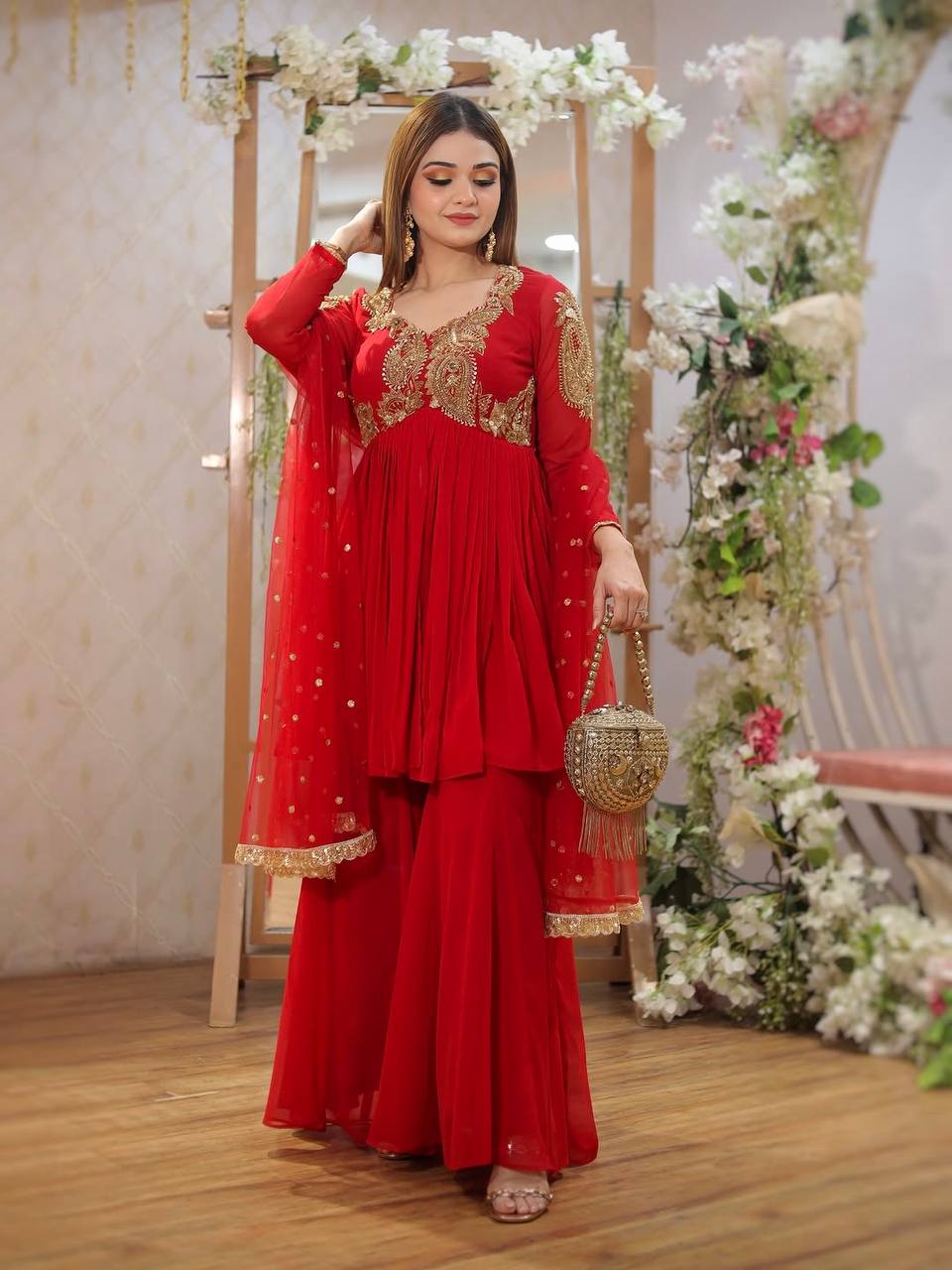 Royal Red Heavy Embroidered Sharara Suit For Festive Wear