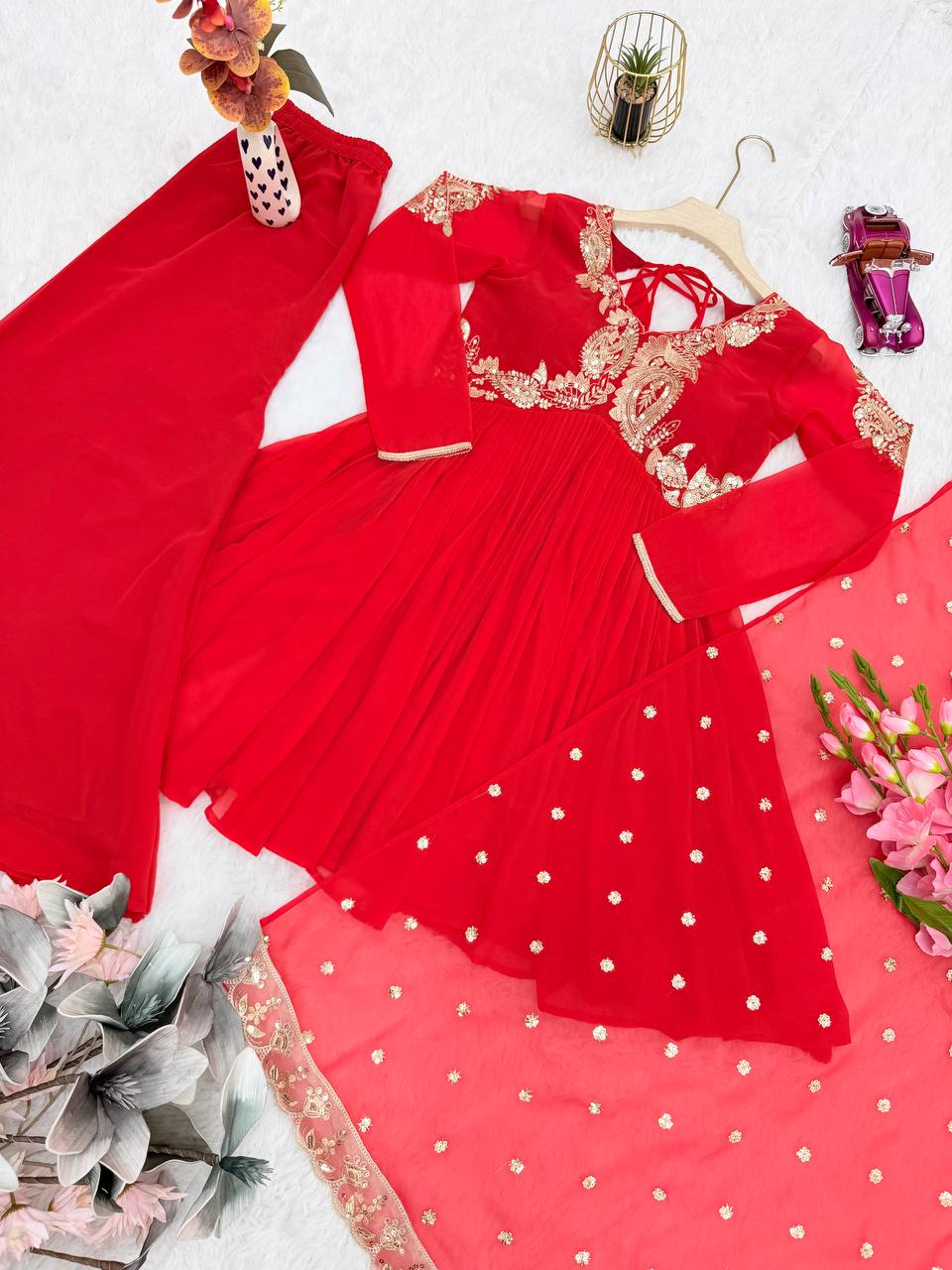 Royal Red Heavy Embroidered Sharara Suit For Festive Wear