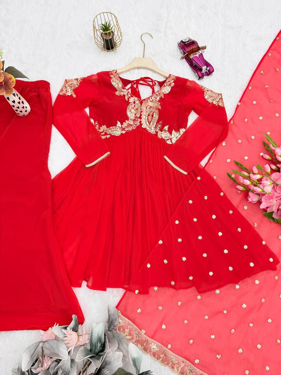 Royal Red Heavy Embroidered Sharara Suit For Festive Wear