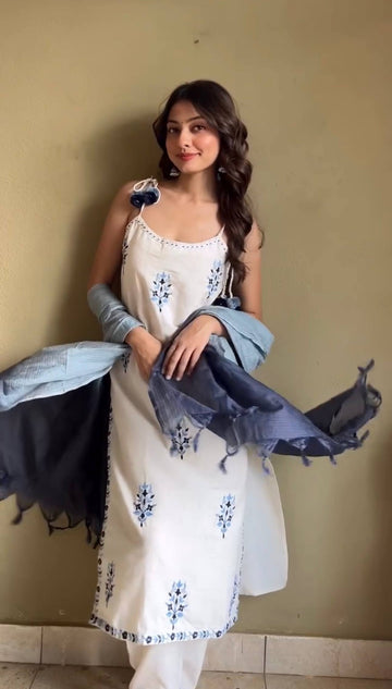 White & Blue Floral Printed Kurta Set with Ombre Dupatta For Casual Wear