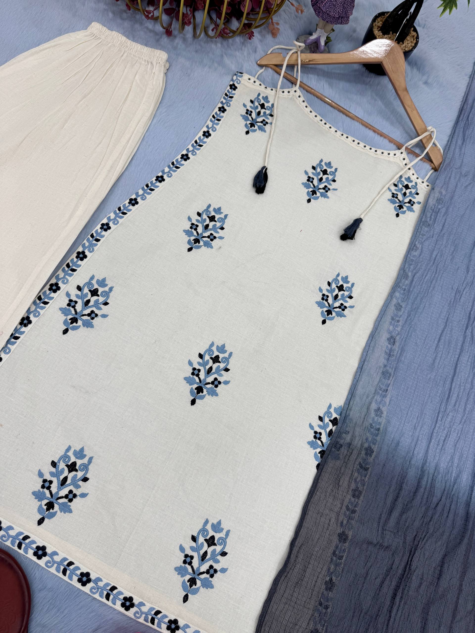 White & Blue Floral Printed Kurta Set with Ombre Dupatta For Casual Wear