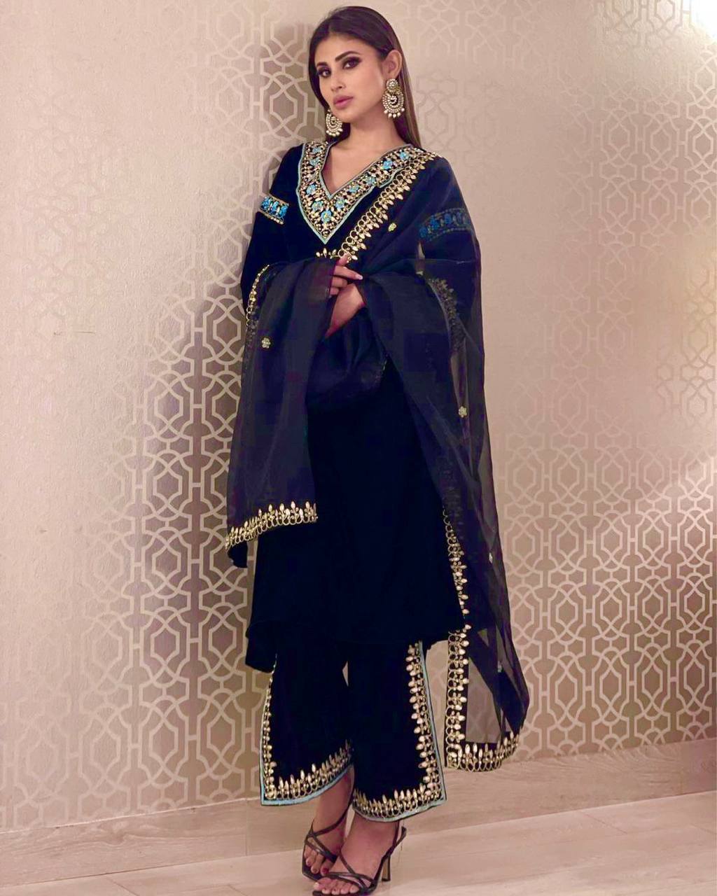 Royal Navy Viscose Velvet Blue Embroidered Suit Set with Dupatta