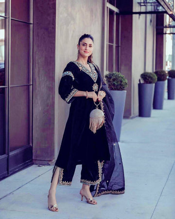 Royal Navy Viscose Velvet Blue Embroidered Suit Set with Dupatta