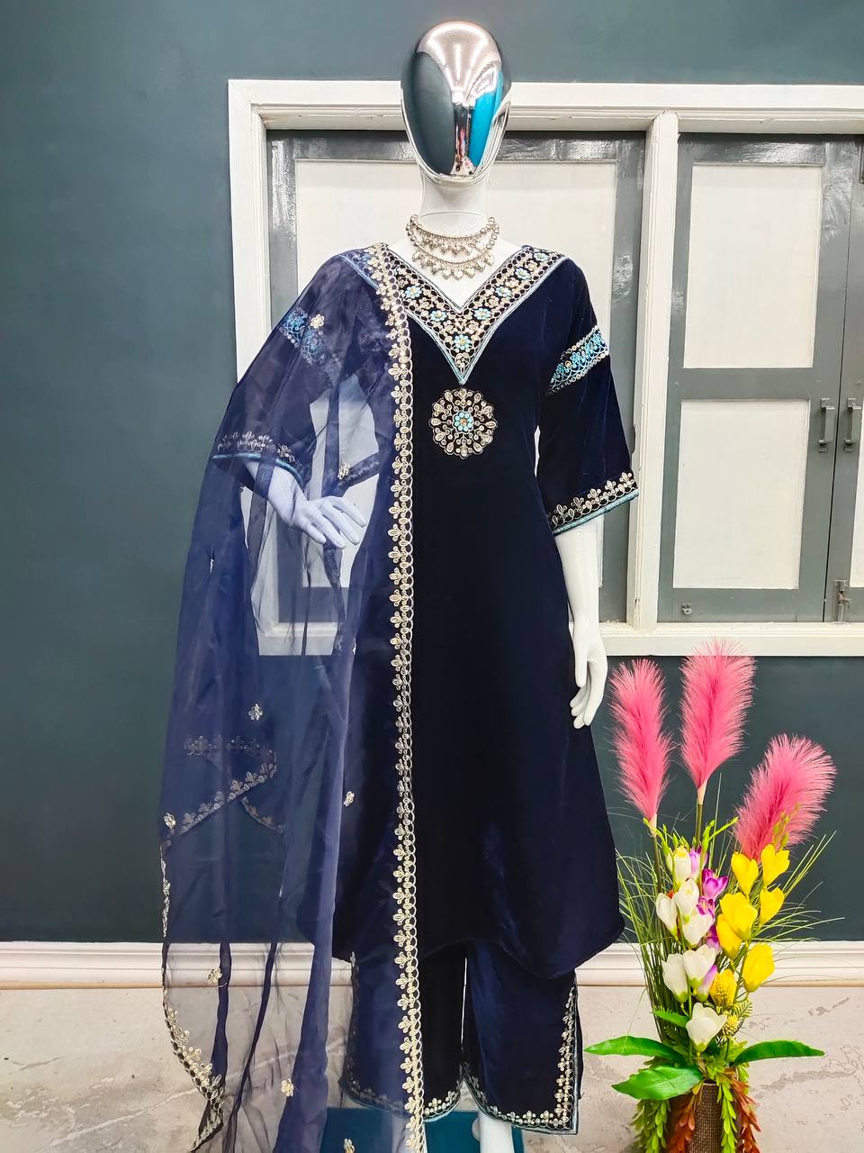 Royal Navy Viscose Velvet Blue Embroidered Suit Set with Dupatta