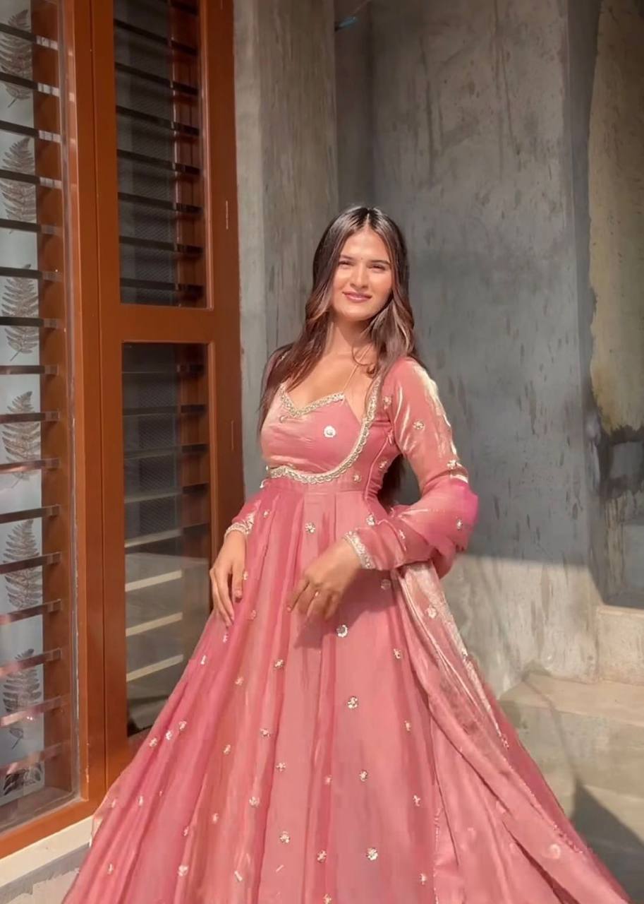 Elegant Dusty Pink Fendy Silk Embroidered Anarkali Suit with Dupatta