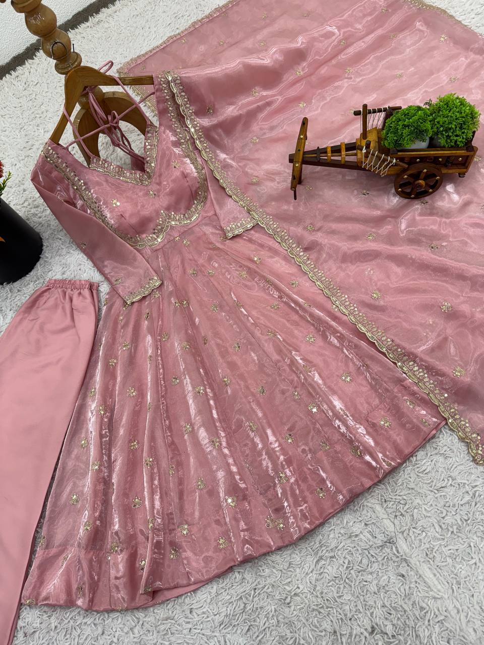 Elegant Dusty Pink Fendy Silk Embroidered Anarkali Suit with Dupatta