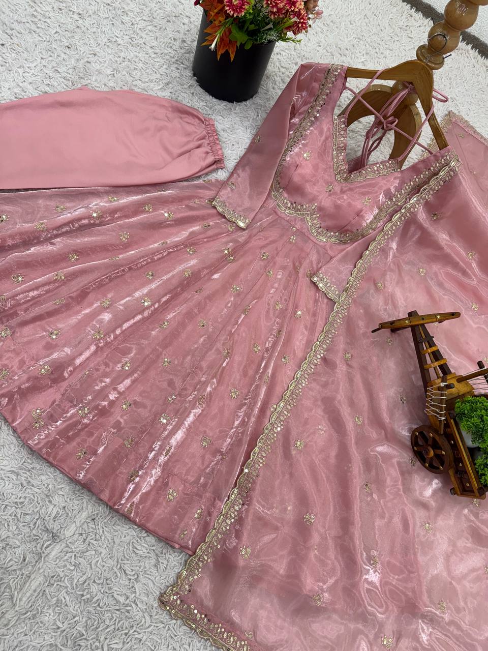 Elegant Dusty Pink Fendy Silk Embroidered Anarkali Suit with Dupatta