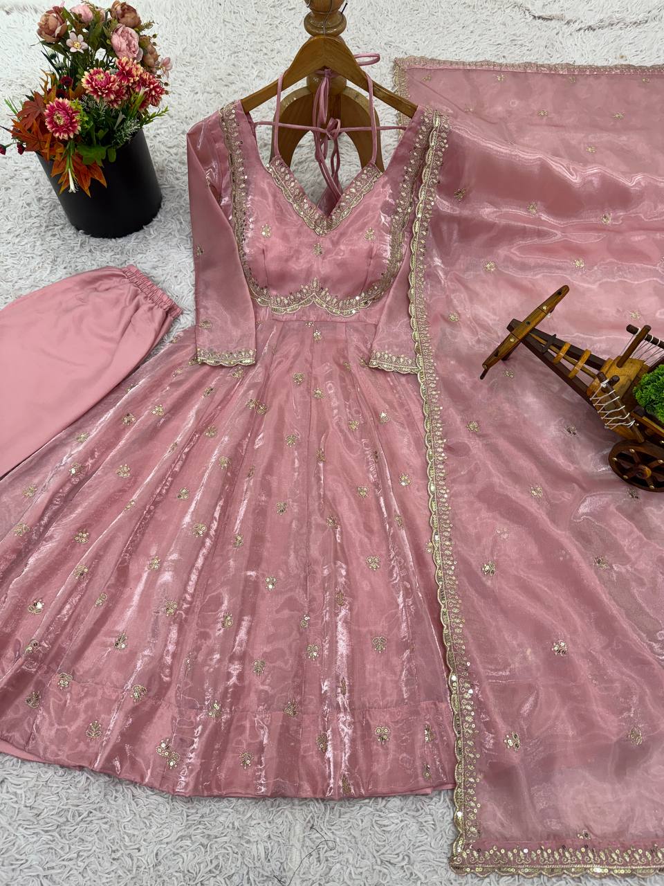 Elegant Dusty Pink Fendy Silk Embroidered Anarkali Suit with Dupatta
