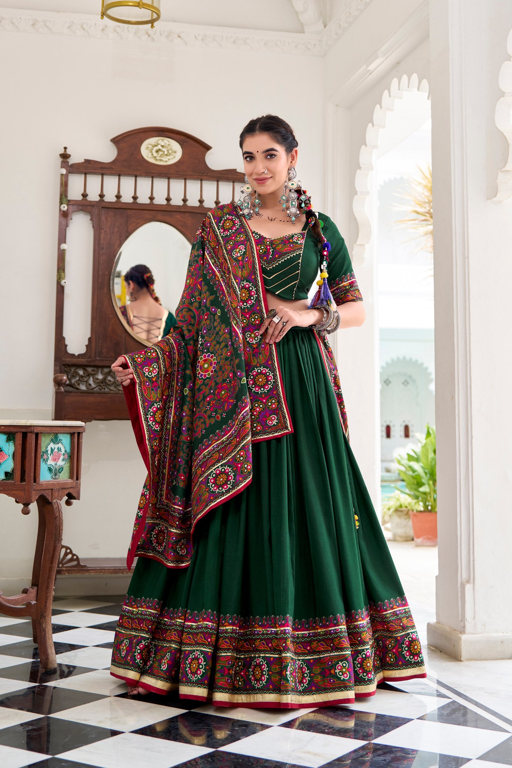 Green Festive Lehenga Choli with Gamthi Print Dupatta